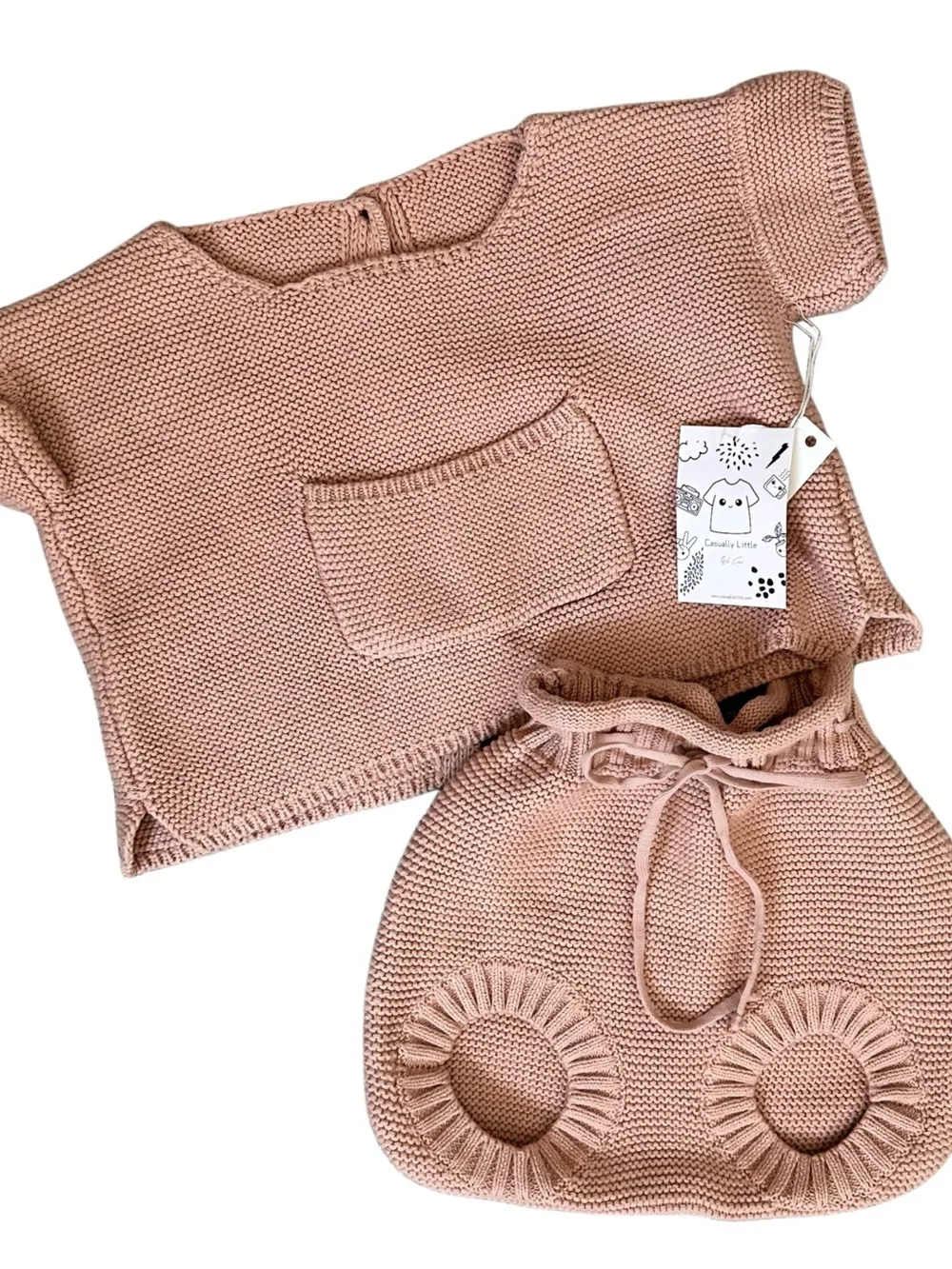 Tan/Brown Knit Kids Top & Short Set - Hand Knitted Design
